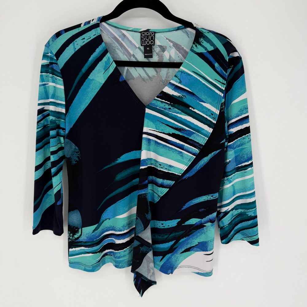 CLARA SUN WOO V-NECK ASYMMETRICAL WATERFALL RUFFLE TOP PETITE SMALL WATERCOLOR